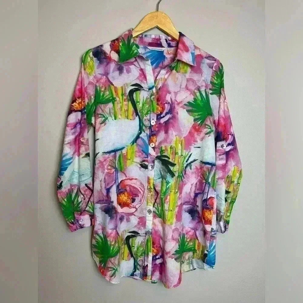 SOFT SURROUNDINGS Breezy Bloom Button Up Tropical Tunic Colorful Cotton Small